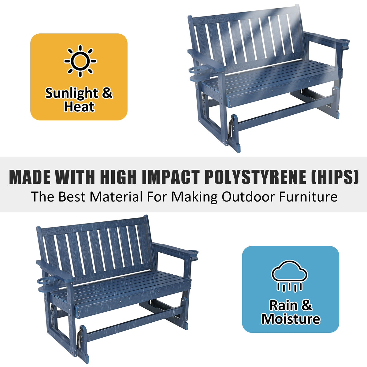Poly Lumber Patio Glider, HIPS Material Weather-Resistant Swing Bench for Outdoor Porch Garden (Navy Blue, 2-Seater)