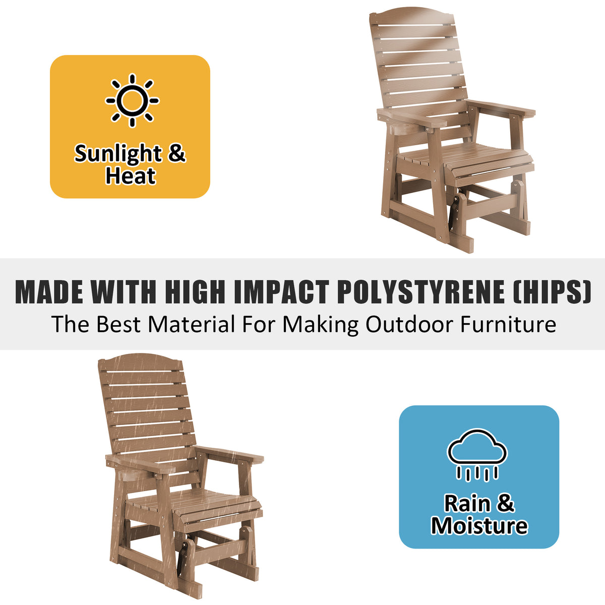 Poly Lumber Patio Glider for One Person, with Cup Holders, High Backrest and Deep Contoured Seat, HIPS Material, All-Weather Resistant, Heavy Duty 700 Pounds (Brown)