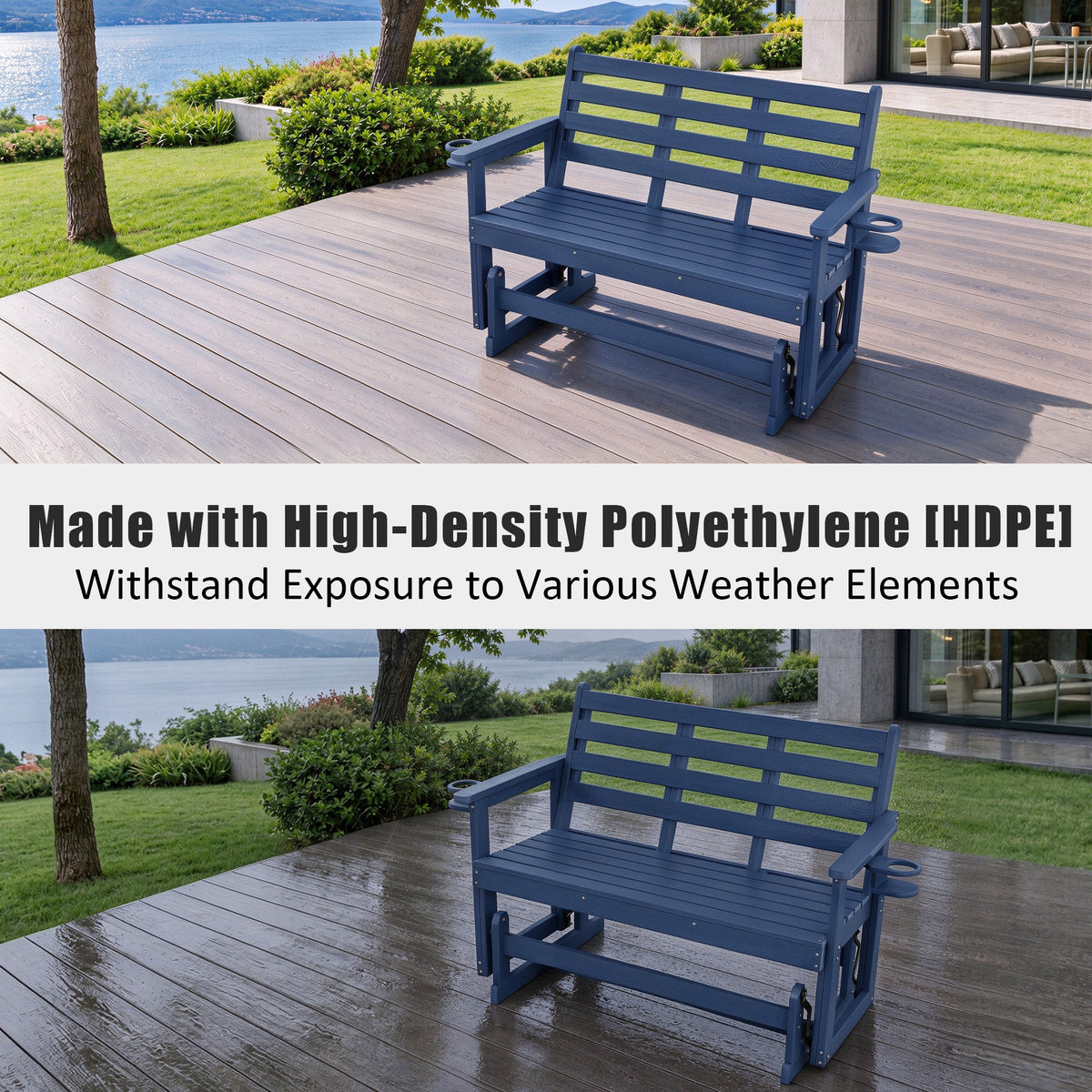 HDPE Patio Glider, Poly Lumber Weather-Resistant Outdoor Glider Bench, for Patio, Porch, Yard (Navy Blue, 2-Seater)