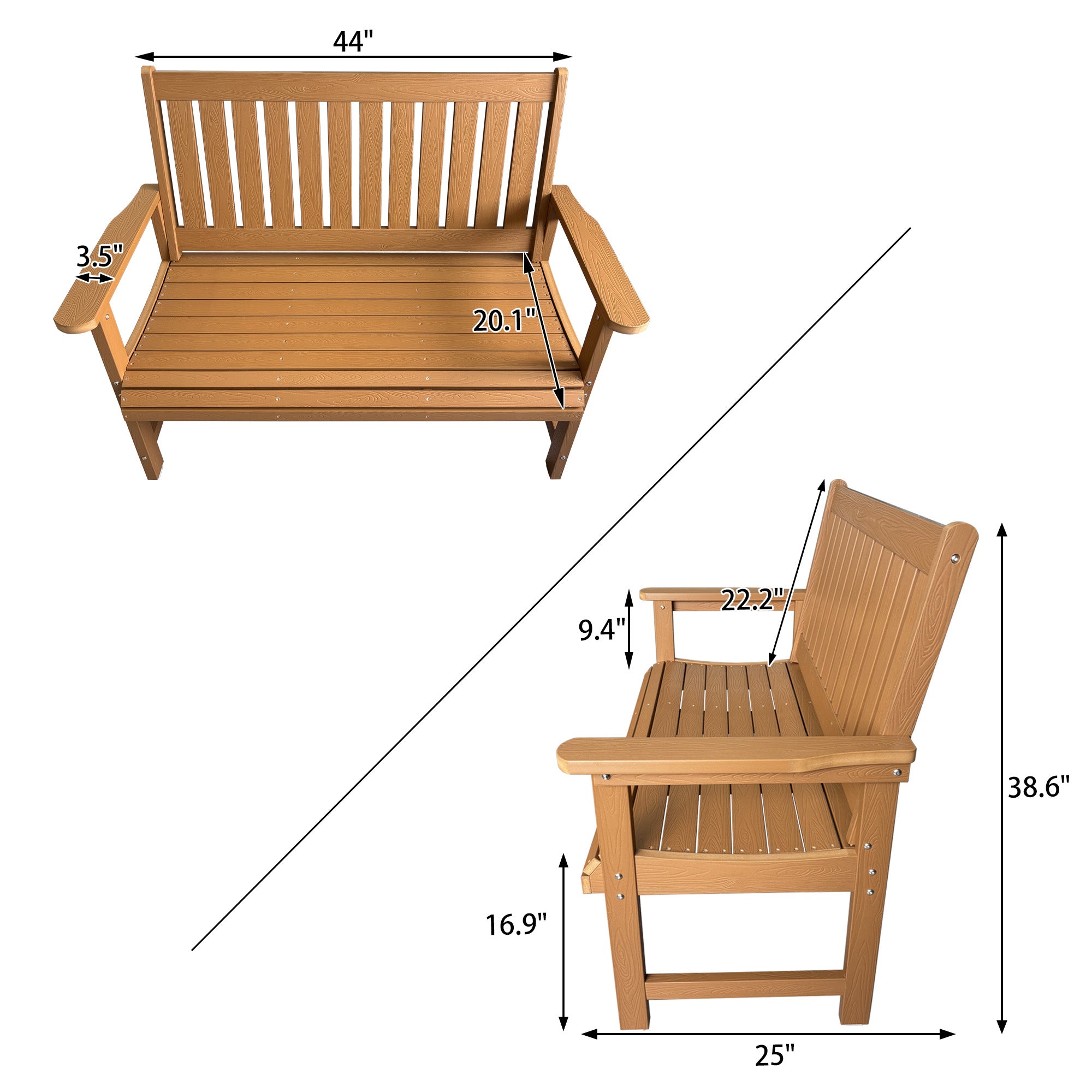 Poly Lumber Outdoor Bench, HIPS All-Weather Bench, Never Rots or Fades, for Patio, Porch, Garden and Park, 700 lbs Weight Capacity (Brown, 44-inch)