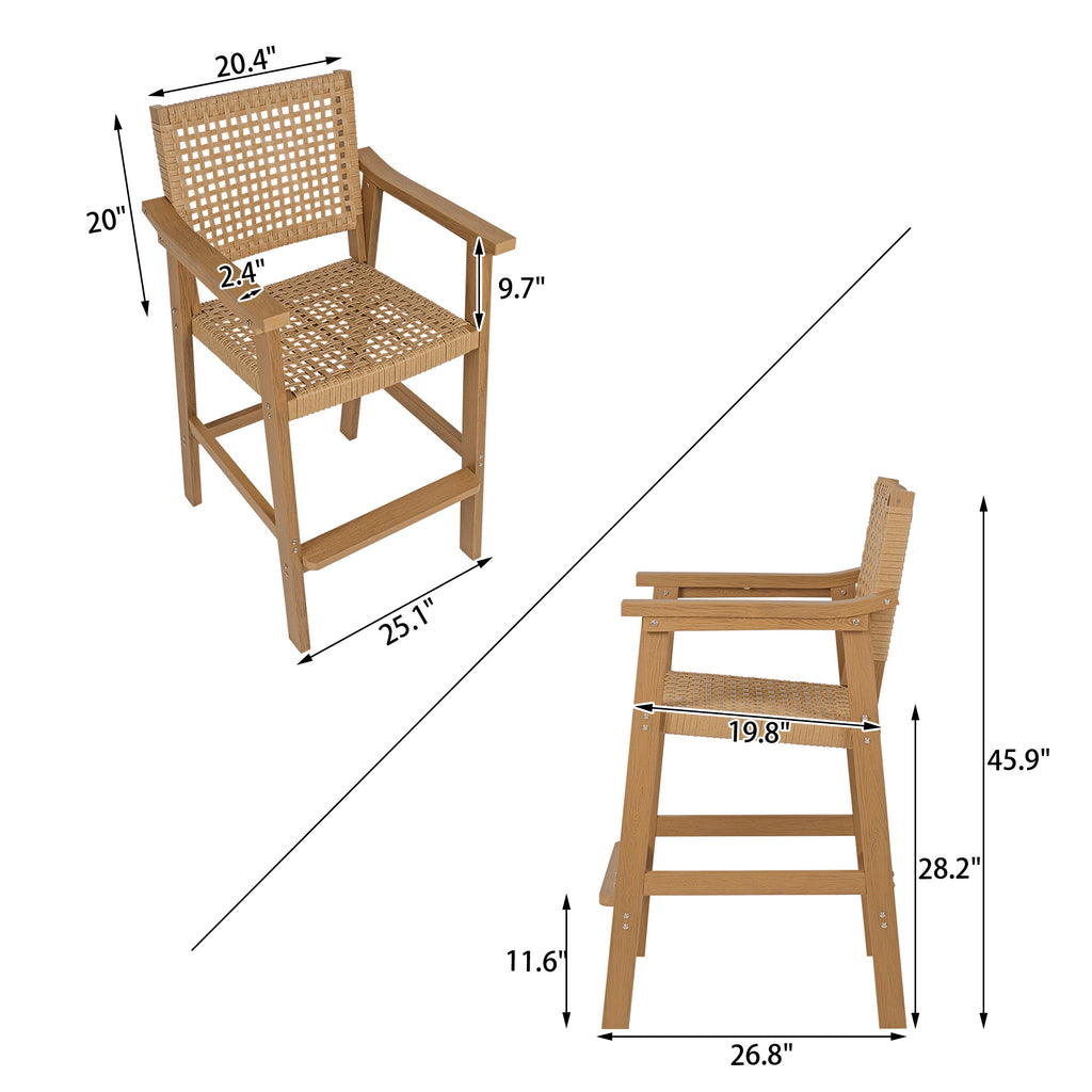 Poly Lumber Patio Bar Stools, PE Rattan Outdoor Bar Chairs, Weather Resistant, for Poolside, Garden, Yard, Balcony (Teak Tone, 2 Piece)