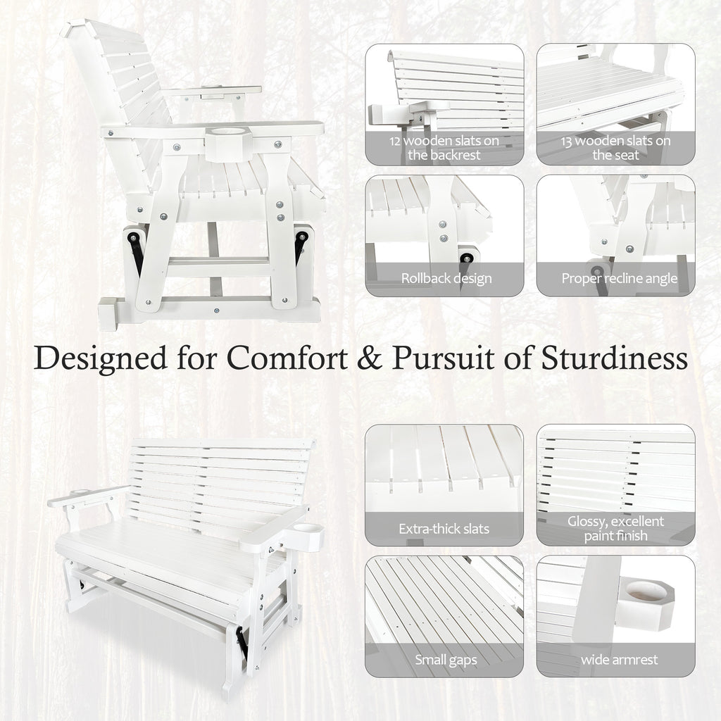 Fortune Candy Patio Glider with Cup Holders, High Roll Back and Deep Contoured Seat,Heavy Duty 800 Lb (White, 2-Seater)