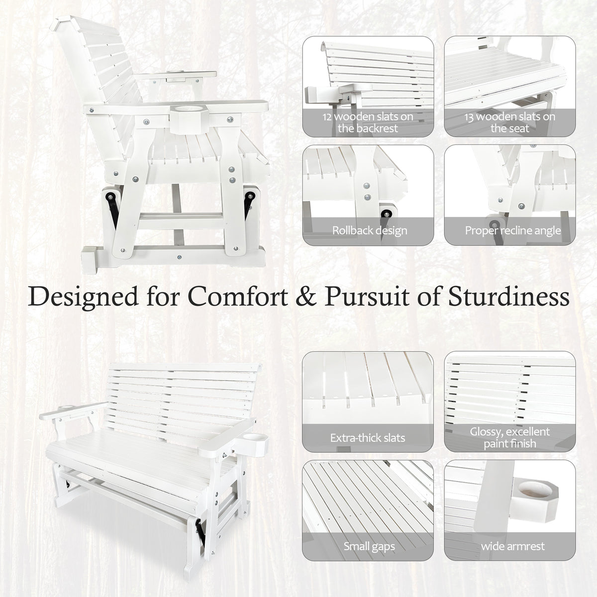 Fortune Candy Patio Glider with Cup Holders, High Roll Back and Deep Contoured Seat,Heavy Duty 800 Lb (White, 2-Seater)