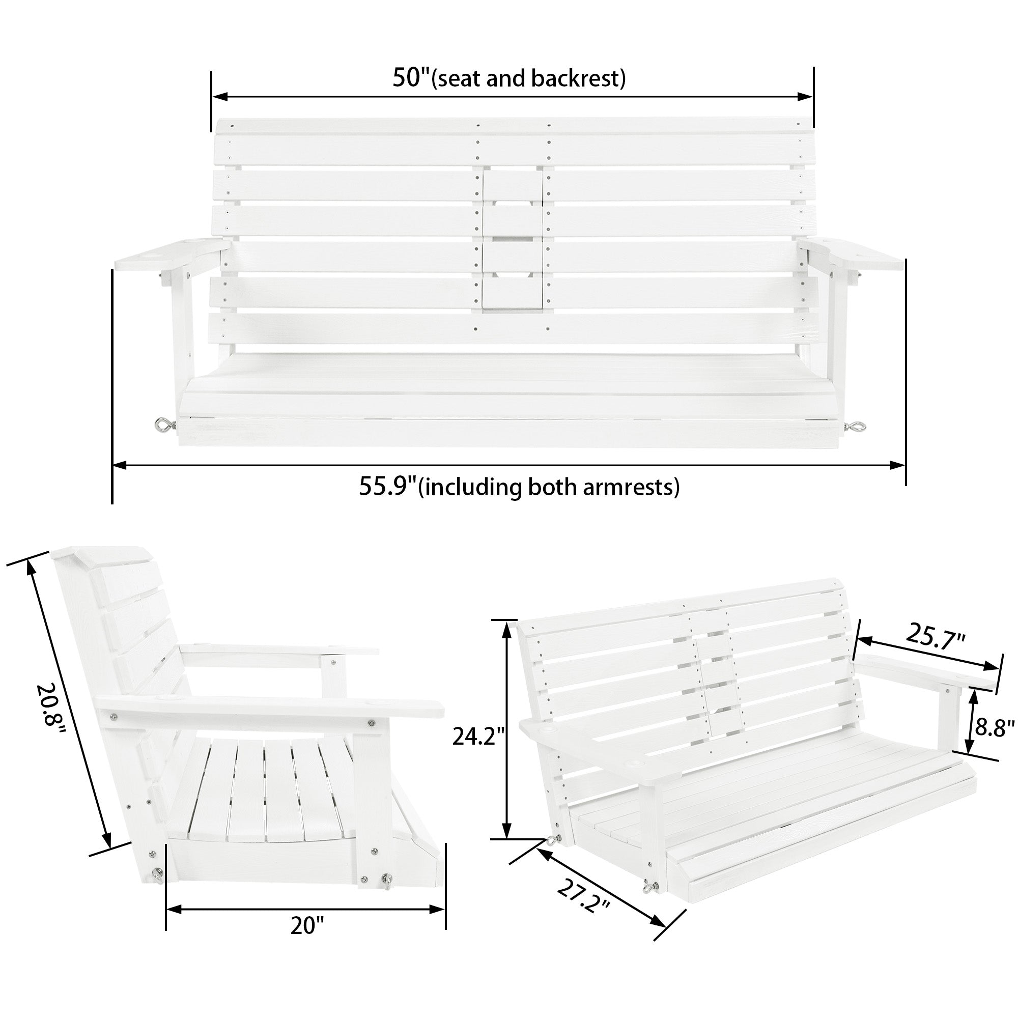 Poly Lumber 2-Seat Porch Swing, HIPS 4.5-Feet Bench Swing with Foldable Cup Holders,18/8 Stainless Steel Hardware, High Backrest and Deep Contoured Seat (Snow White, 4.5-feet)