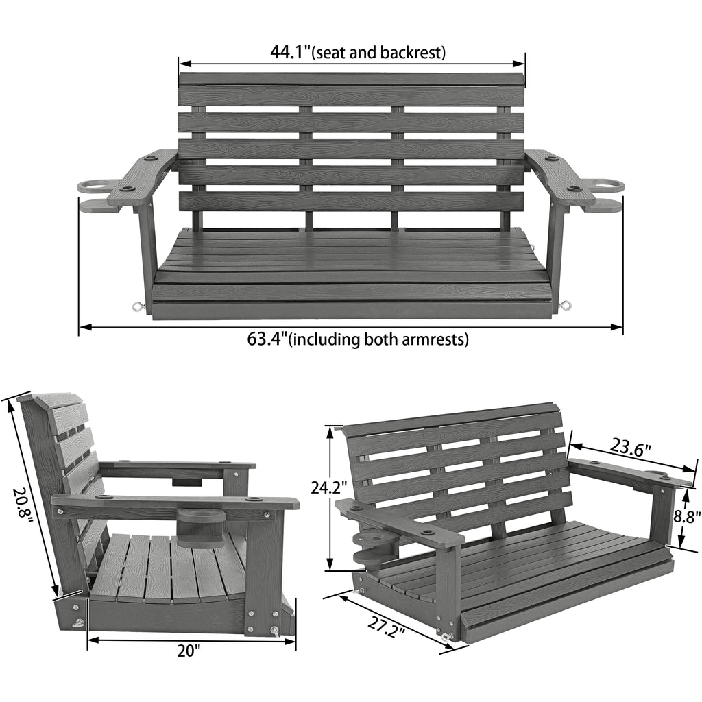 Poly Lumber 2-Seat Porch Swing, HIPS 4-Feet Bench Swing with Foldable Cup Holders,18/8 Stainless Steel Hardware, High Backrest and Deep Contoured Seat (Gray, 4-feet)