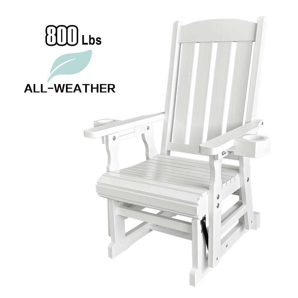 Wooden Patio Glider for One Person, with High Back and Deep Contoured Seat, Solid Fir Wood, Heavy Duty 600 LBS (Slat Back, White)