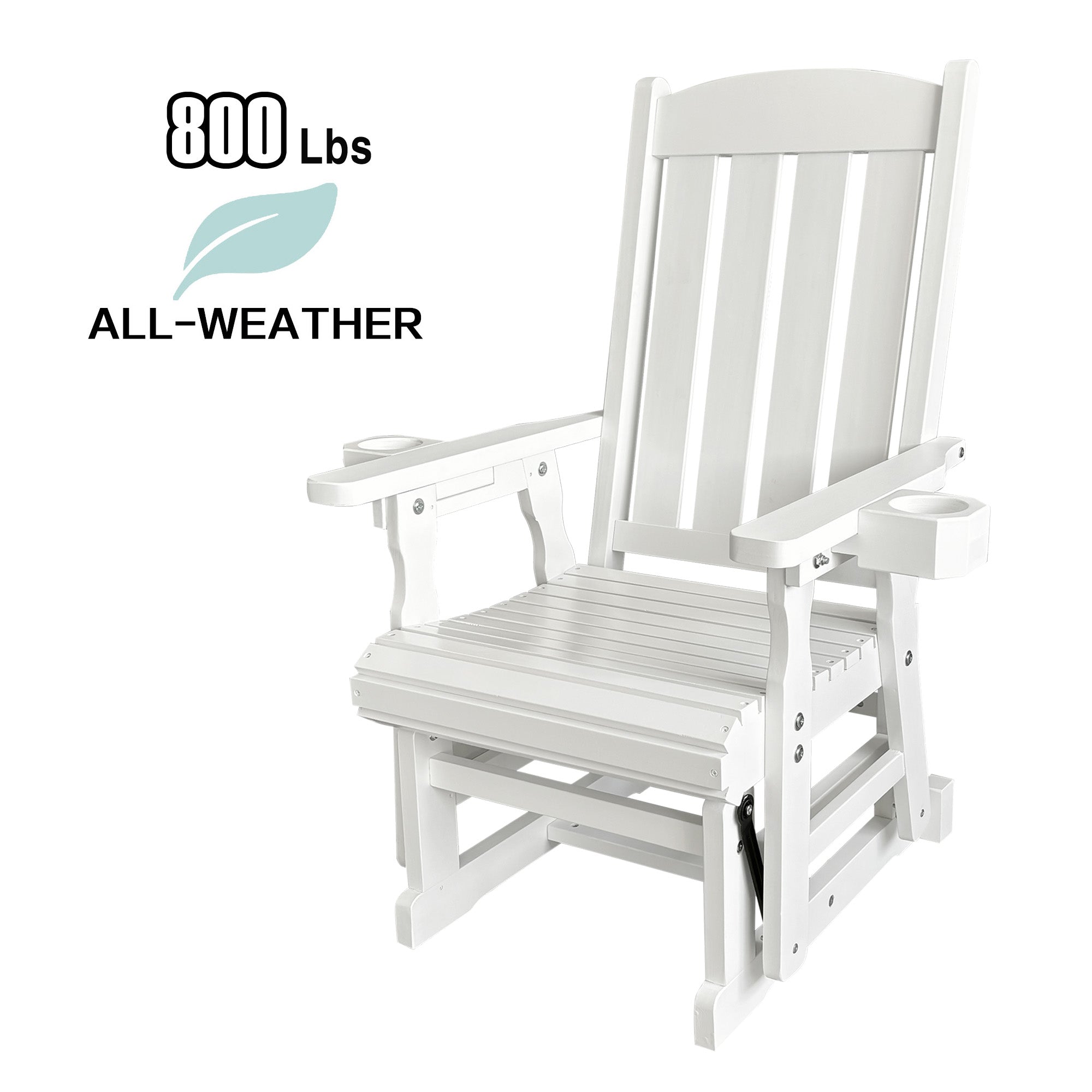 Wooden Patio Glider for One Person, with High Back and Deep Contoured Seat, Solid Fir Wood, Heavy Duty 600 LBS (Slat Back, White)