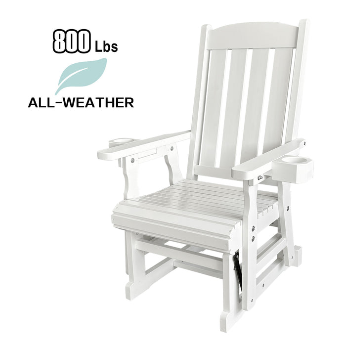 Wooden Patio Glider for One Person, with High Back and Deep Contoured Seat, Solid Fir Wood, Heavy Duty 600 LBS (Slat Back, White)