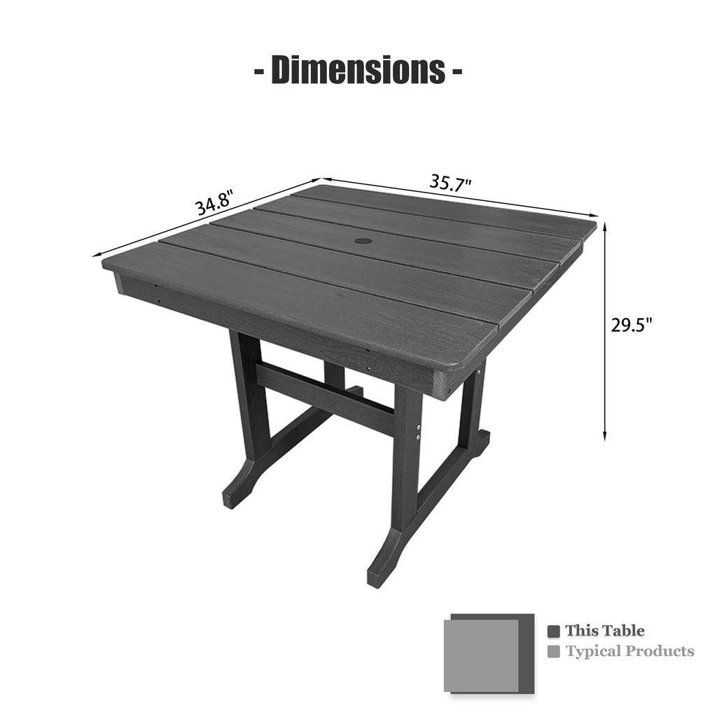 Modern HDPE Patio Dining Table, with Umbrella Hole, Weather Resistant, for Outdoor, Yard, Lawn (Grey, 1 Piece - 35.7'' Table)