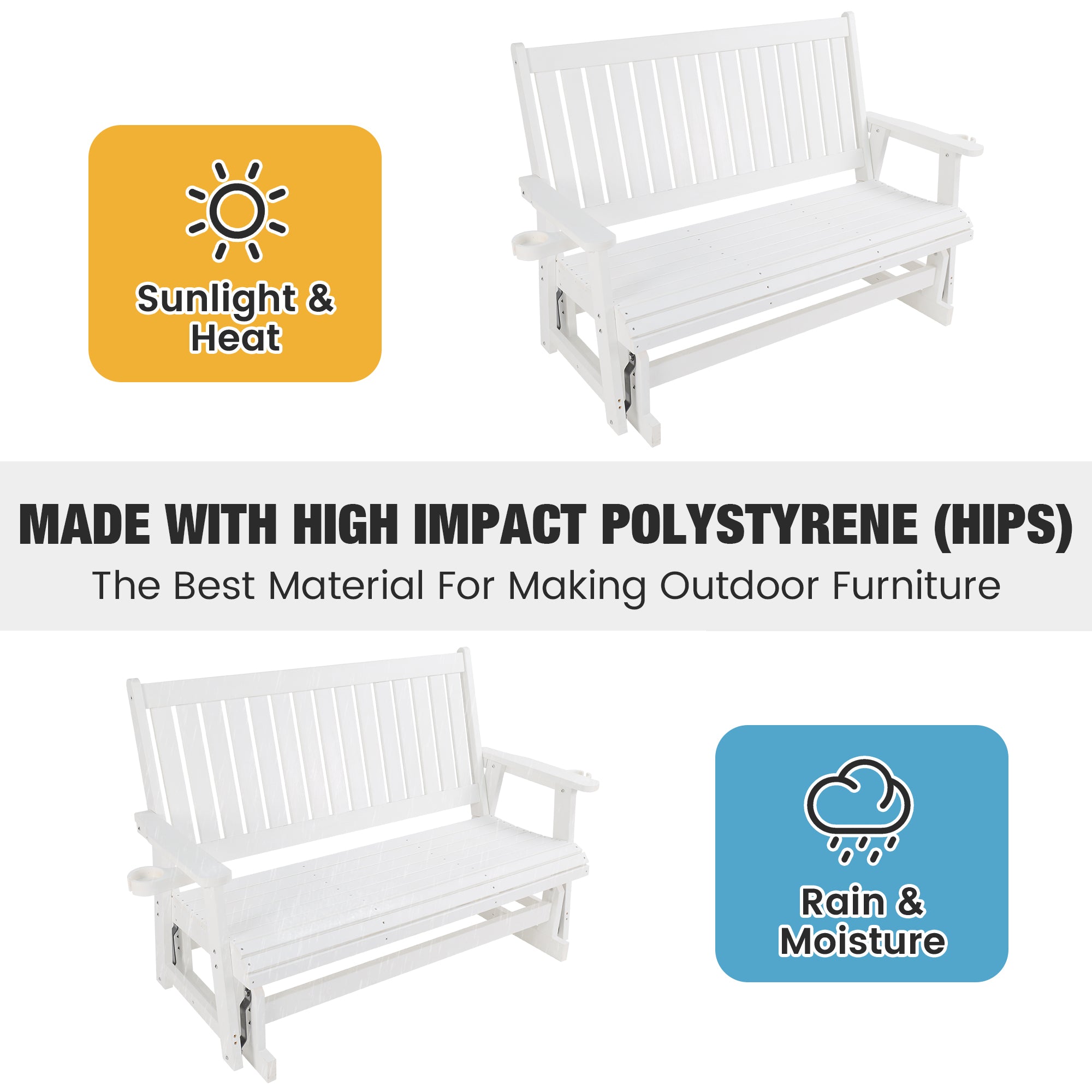 HIPS Patio Glider with Cup Holders, Durable Poly Lumber Material, All-Weather Resistant, High Backrest and Deep Contoured Seat, Heavy Duty 900 LB, for Outdoor, Porch, Patio (Ivory White, 3-Seat)