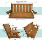 Wooden Porch Swing 3-Seater, Bench Swing with Cupholders, Heavy Duty 800 LBS, for Outdoor Patio Garden (Warm Teak Color, 5 FT Extra Large)