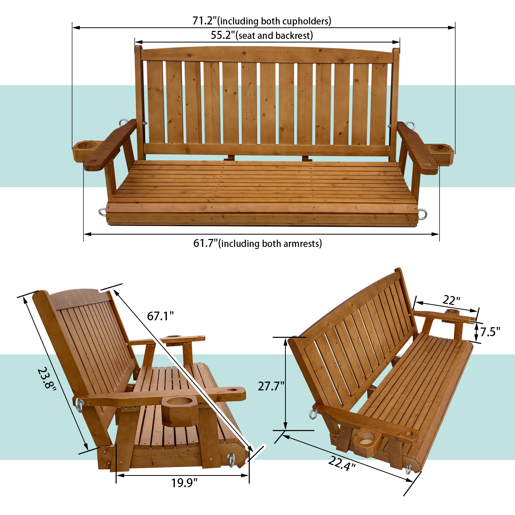 Wooden Porch Swing 3-Seater, Bench Swing with Cupholders, Heavy Duty 800 LBS, for Outdoor Patio Garden (Warm Teak Color, 5 FT Extra Large)