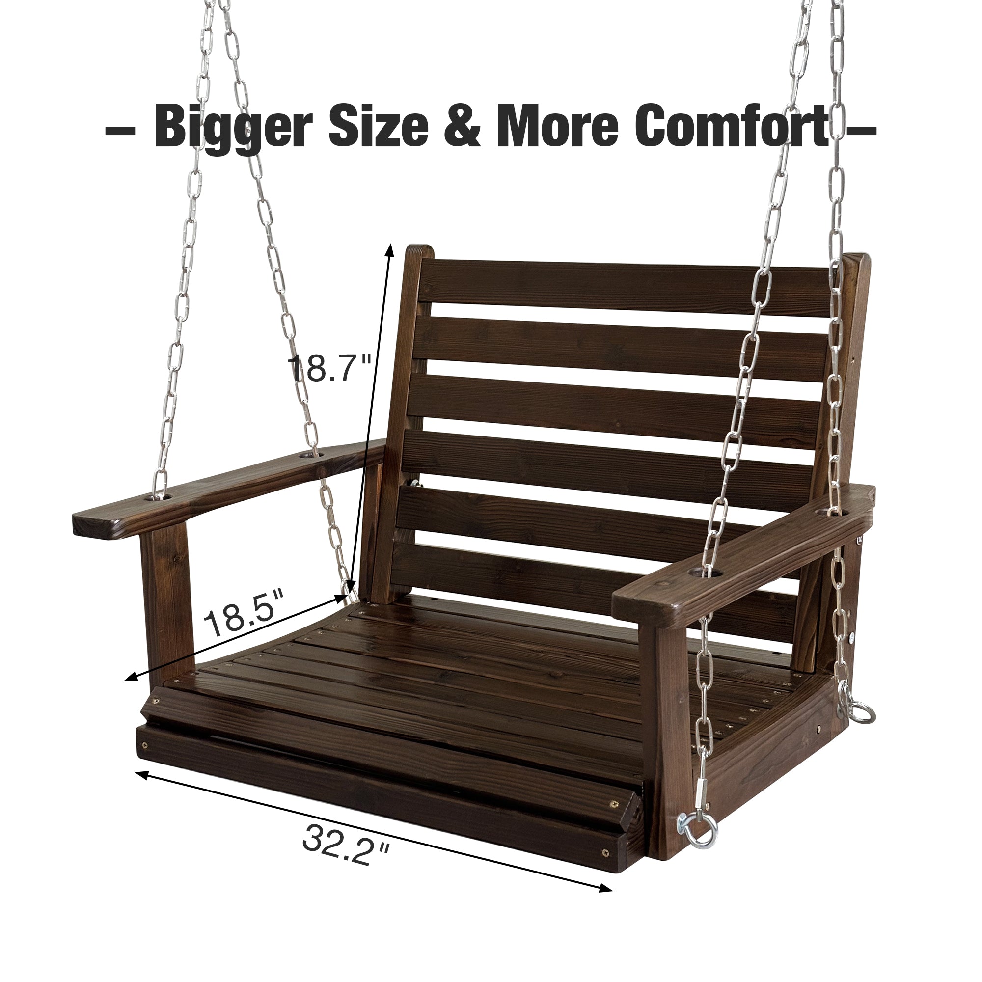 Wooden Porch Swing, Ergonomic Seat, Bench Swing with Hanging Chains and 7mm Springs, Heavy Duty 880 LBS, for Outdoor Patio Garden Yard (Deep Brown, 1-Seater)