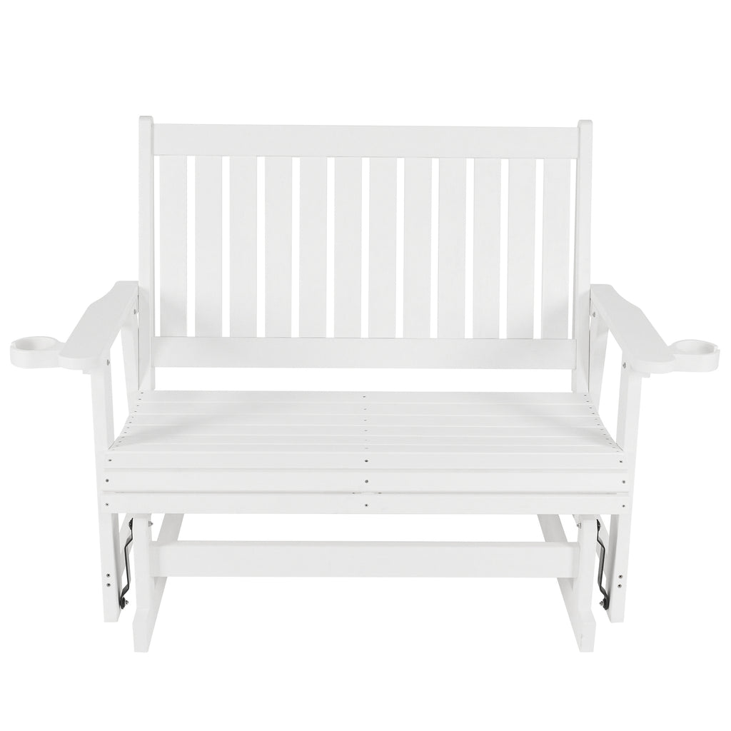 HIPS Patio Glider with Cup Holders, Durable Poly Lumber Material, All-Weather Resistant, High Backrest and Deep Contoured Seat, Heavy Duty 900 LB, for Outdoor, Porch, Patio (White, 2-Seat)