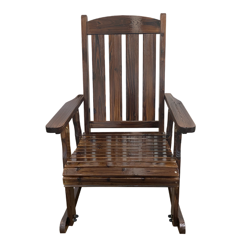 Wooden Patio Rocking Chair with Comfortable Backrest Inclination, High Backrest and Deep Contoured Seat, Solid Fir Wood, Heavy Duty 600 LBS, for Both Outdoor and Indoor (Deep Brown - 2 Pieces)