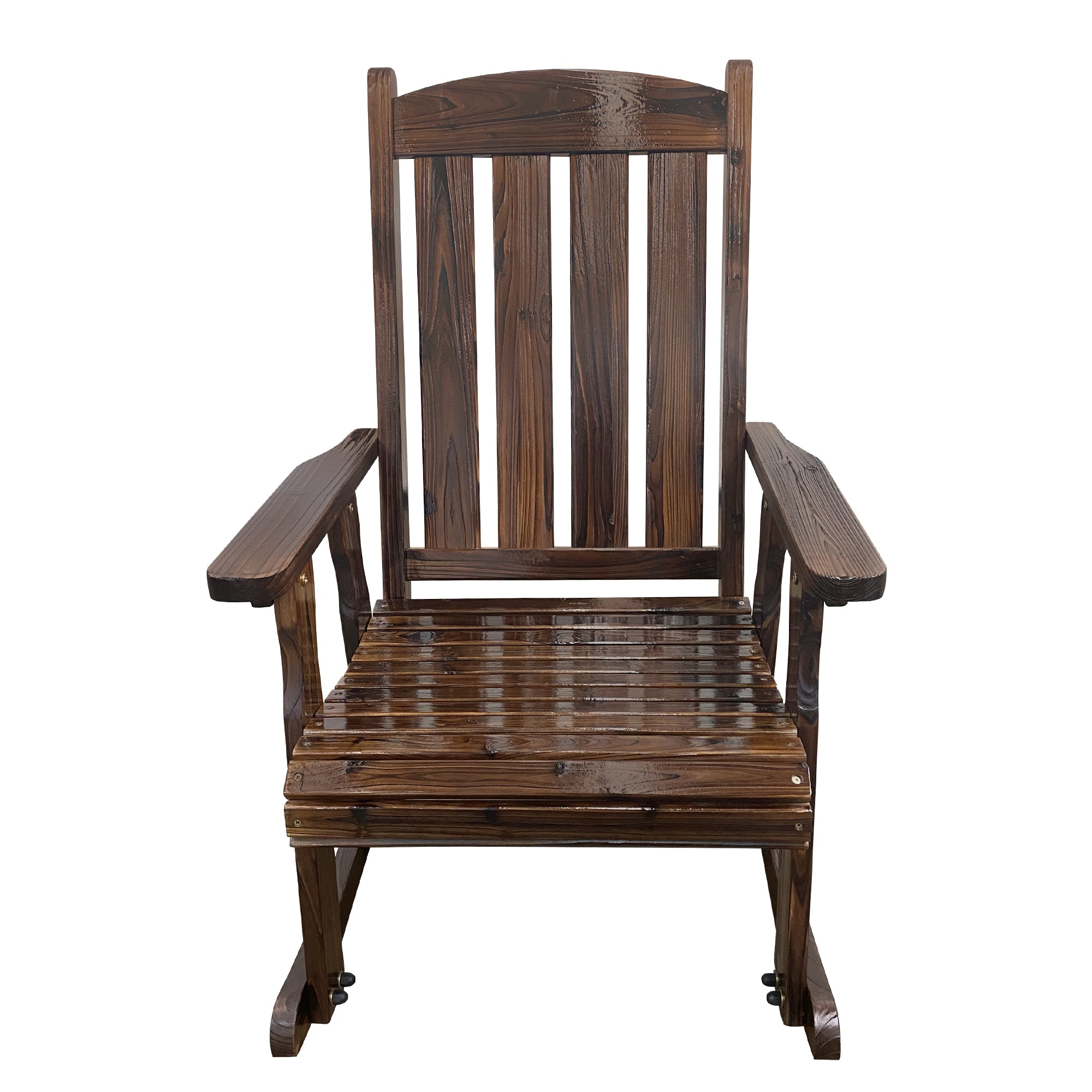 Wooden Patio Rocking Chair with Comfortable Backrest Inclination, High Backrest and Deep Contoured Seat, Solid Fir Wood, Heavy Duty 600 LBS, for Both Outdoor and Indoor (Deep Brown - 2 Pieces)