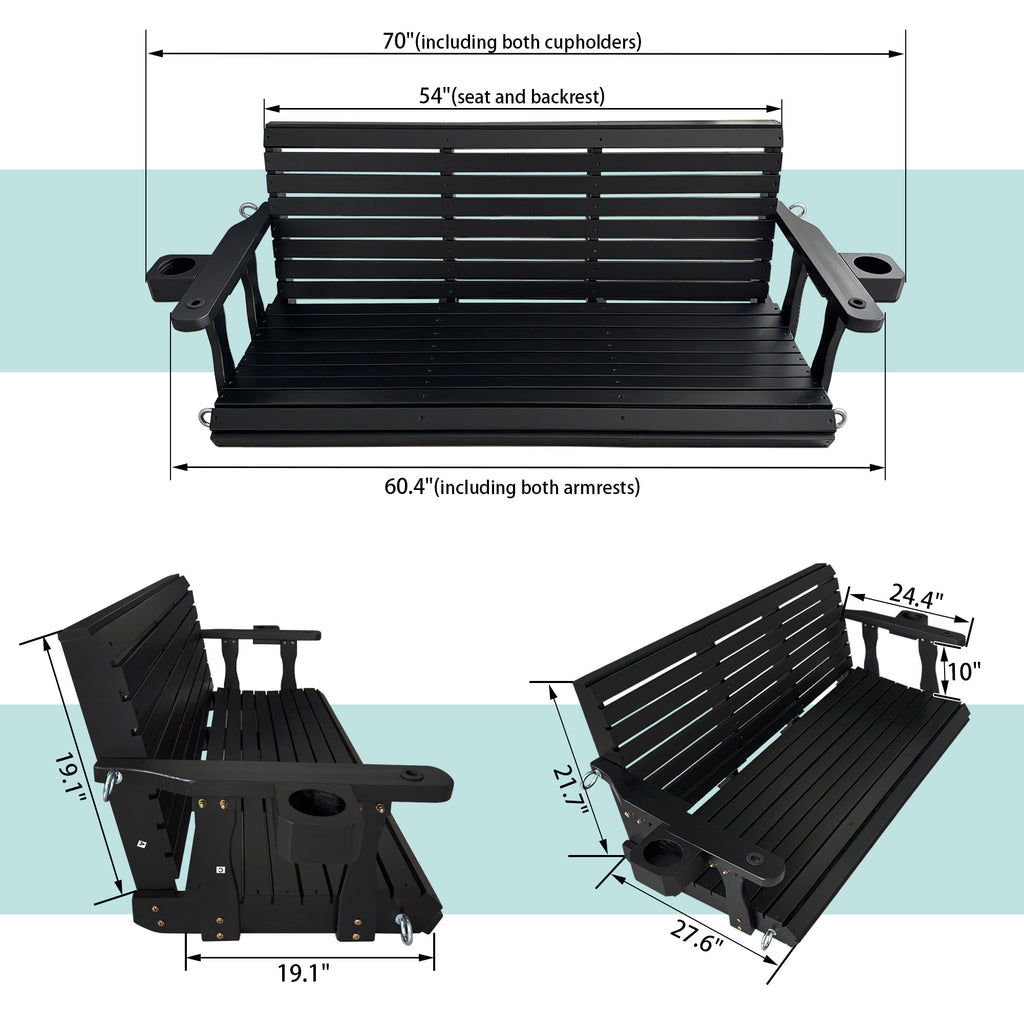Wooden Porch Swing 3-Seater, High Backrest and Deep Seat, Bench Swing with Cupholders, Hanging Chains and 7mm Springs, Heavy Duty 880 LBS, for Outdoor Patio Garden (Carbon Black, 5 FT Extra Large)