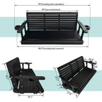 Wooden Porch Swing 3-Seater, High Backrest and Deep Seat, Bench Swing with Cupholders, Hanging Chains and 7mm Springs, Heavy Duty 880 LBS, for Outdoor Patio Garden (Carbon Black, 5 FT Extra Large)