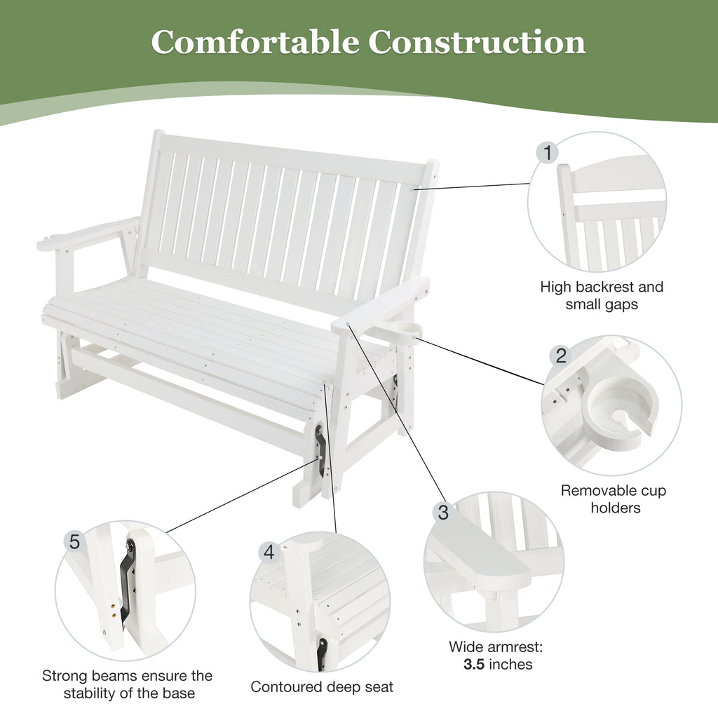 HIPS Patio Glider with Cup Holders, Durable Poly Lumber Material, All-Weather Resistant, High Backrest and Deep Contoured Seat, Heavy Duty 900 LB, for Outdoor, Porch, Patio (Ivory White, 3-Seat)