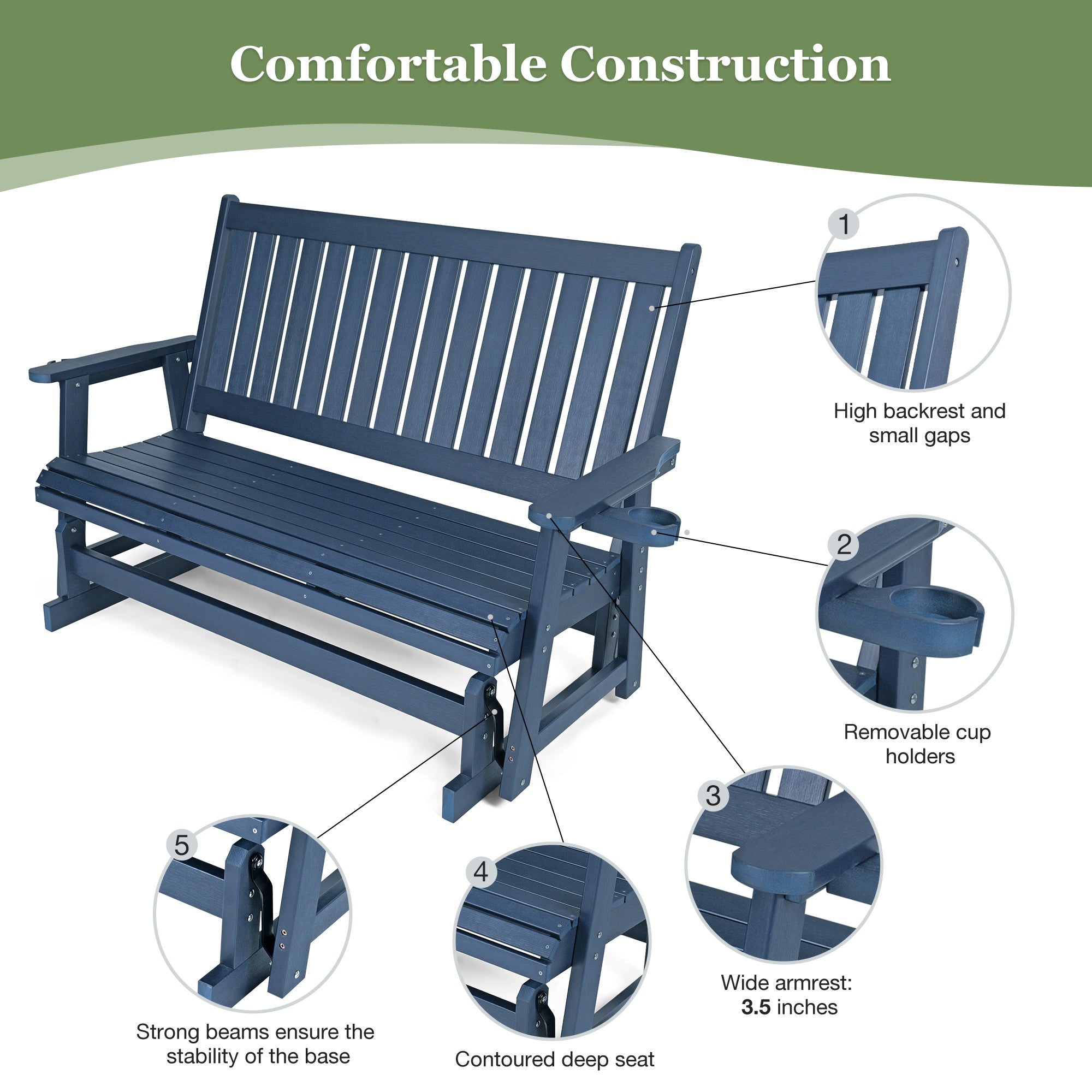 HIPS Patio Glider with Cup Holders, Durable Poly Lumber Material, All-Weather Resistant, High Backrest and Deep Contoured Seat, Heavy Duty 900 LB, for Outdoor, Porch, Patio (Navy Blue, 3-Seat)