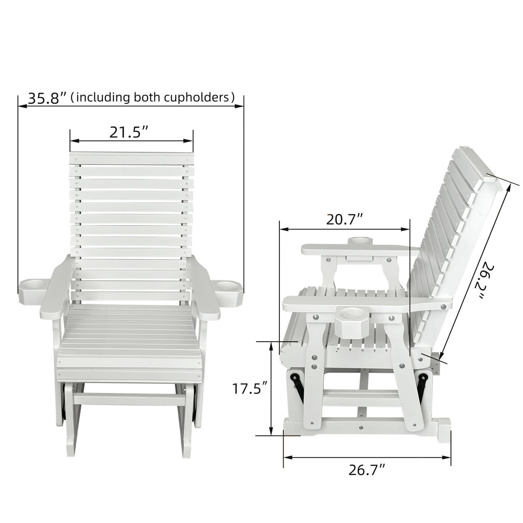 Wooden Patio Glider for One Person, with High Backrest and Deep Contoured Seat, Solid Fir Wood, Heavy Duty 600 LBS (White, 1-Seater)