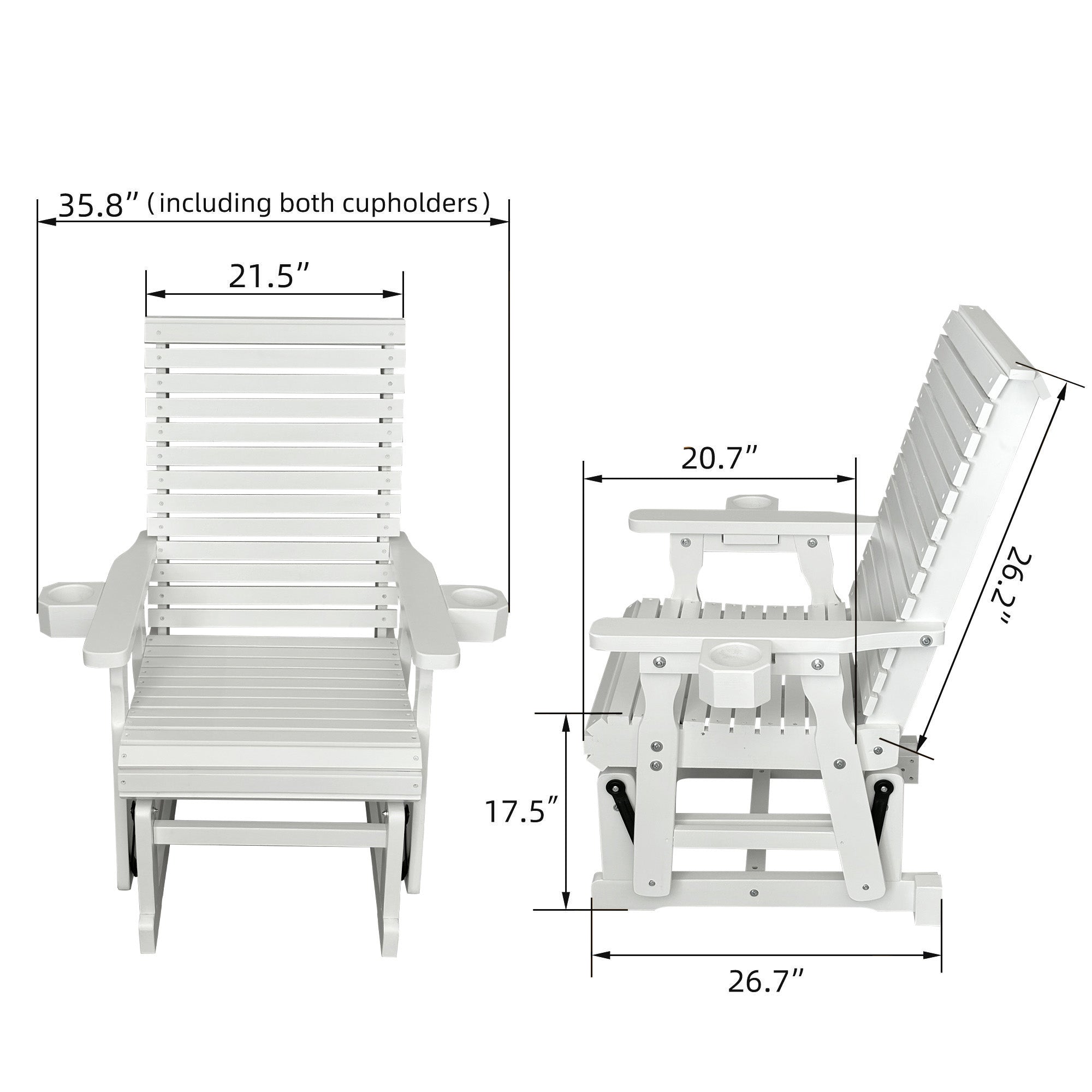 Wooden Patio Glider for One Person, with High Backrest and Deep Contoured Seat, Solid Fir Wood, Heavy Duty 600 LBS (White, 1-Seater)