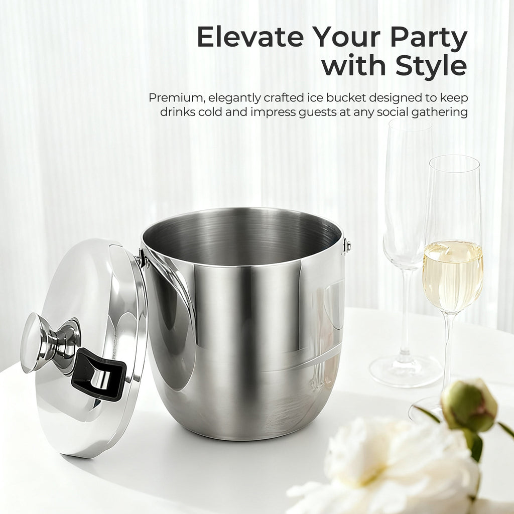 Fortune Candy Insulated Ice Bucket, Stainless Steel Ice Bucket with Ice Tongs, 2.8 L (Silver)