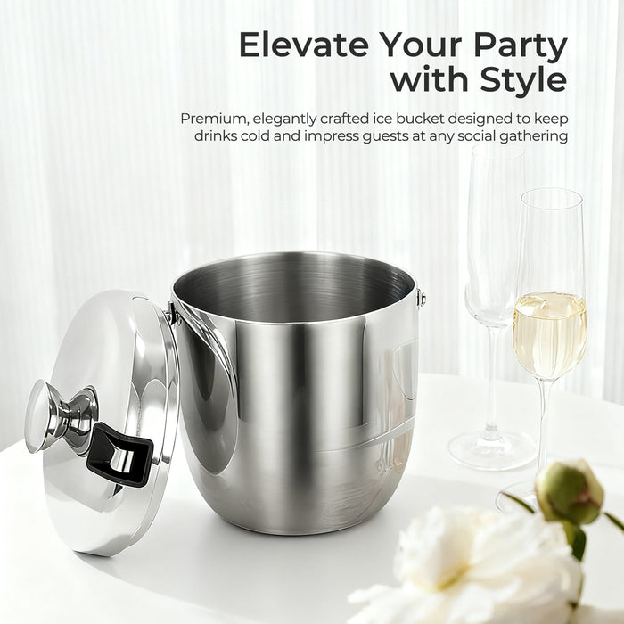Fortune Candy Insulated Ice Bucket, Stainless Steel Ice Bucket with Ice Tongs, 2.8 L (Silver)