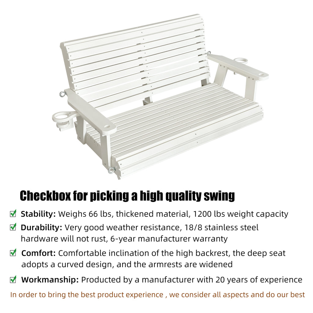 HDPE Porch Swing with 18/8 Stainless Steel Bolts, Ergonomic Design, Ultra Weather-Resistant, Heavy Duty 1200 LBS, for Outdoor Patio Garden Yard (Vanilla White)
