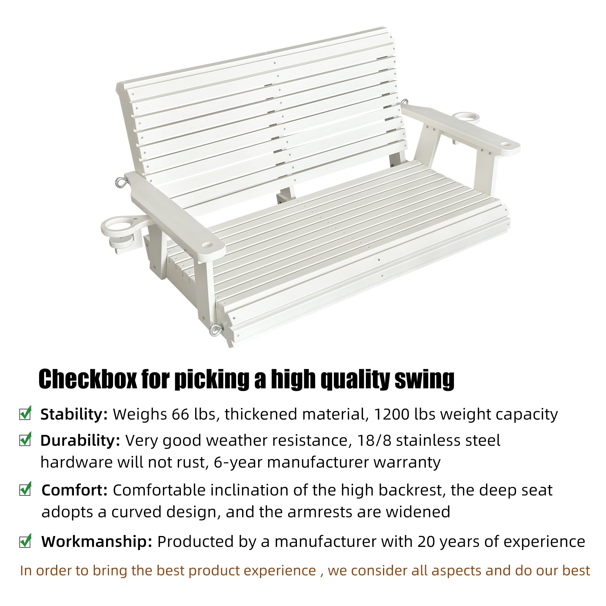 HDPE Porch Swing with 18/8 Stainless Steel Bolts, Ergonomic Design, Ultra Weather-Resistant, Heavy Duty 1200 LBS, for Outdoor Patio Garden Yard (Vanilla White)