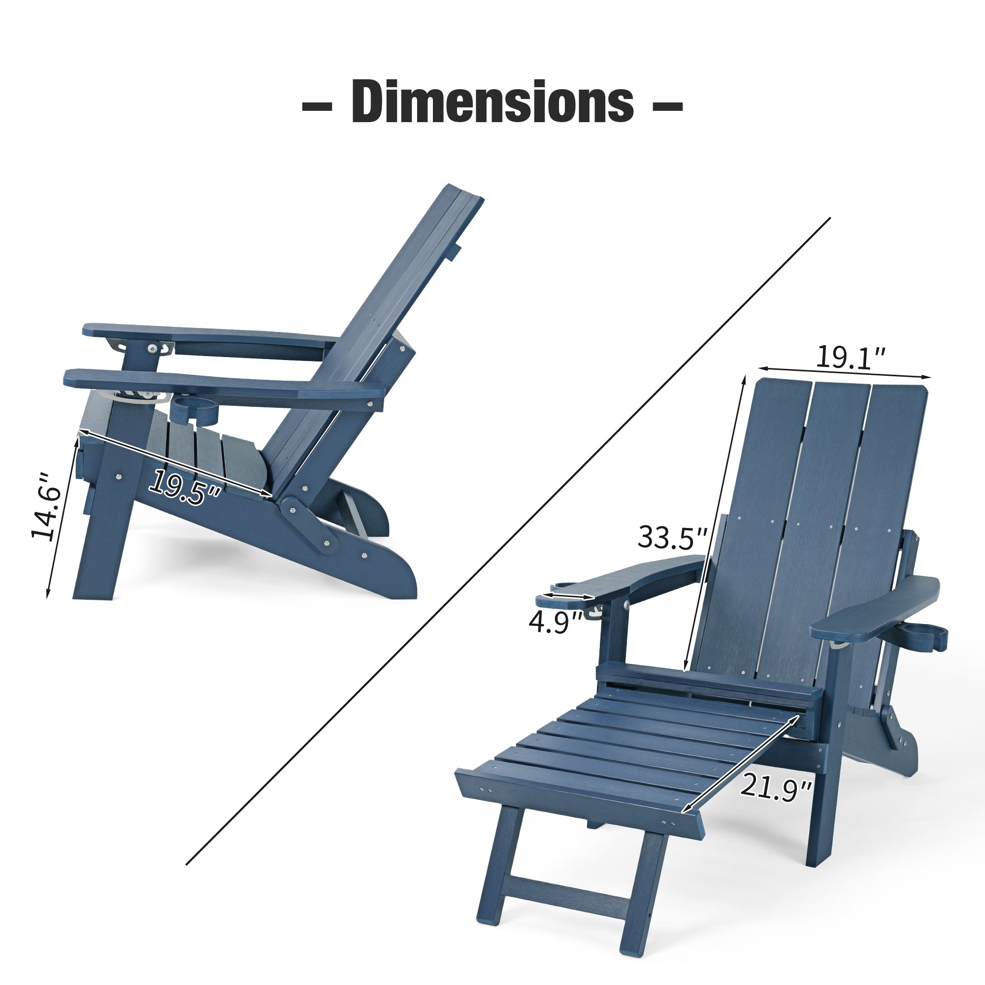 Poly Lumber Adirondack Chair with Cup Holders, Ottoman and Cushion, Adjustable Backrest, All-Weather Resistant HIPS Material, Wood-Like Pattern, Heavy Duty 700 LBS (Navy Blue)