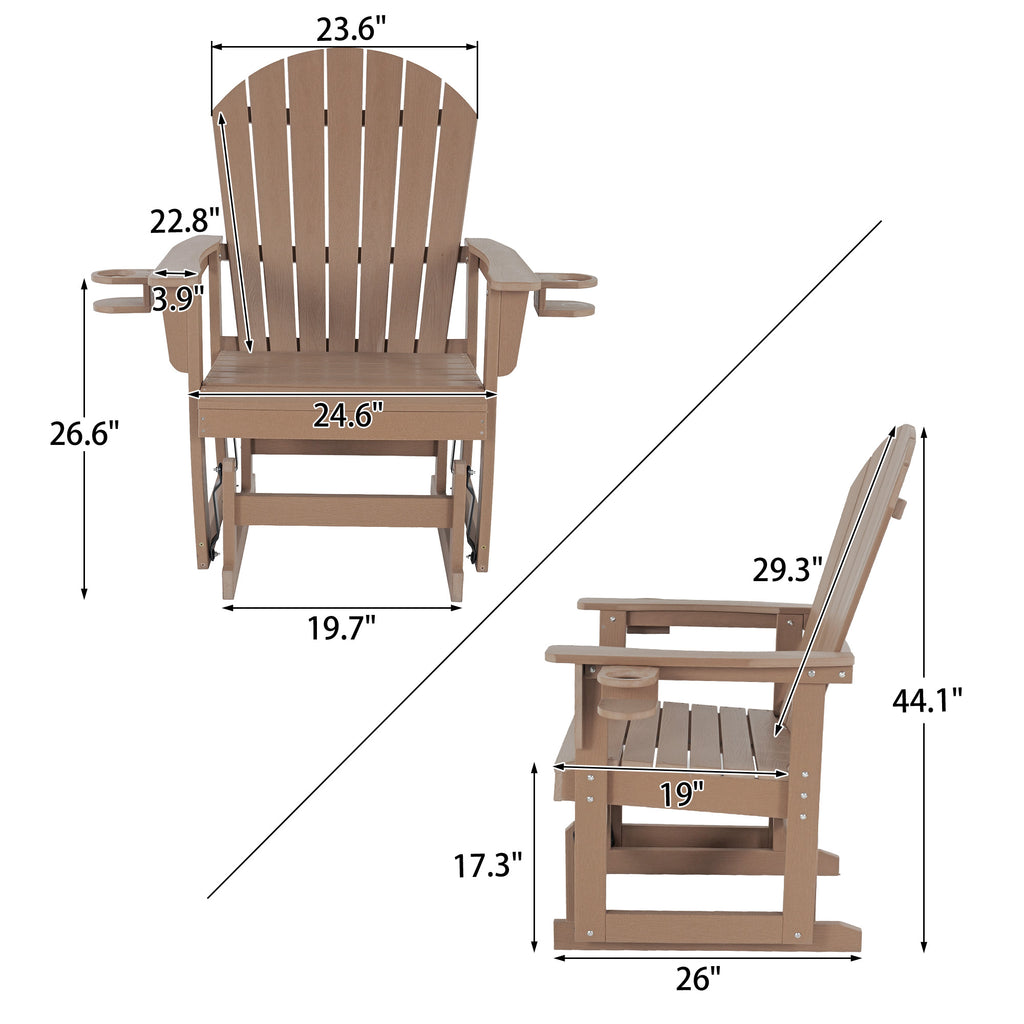 HDPE Patio Glider with Cup Holders, Curved High Backrest and Deep Seat, All-Weather Resistant, Heavy Duty 500 Pounds (Brown, 1-Seat)