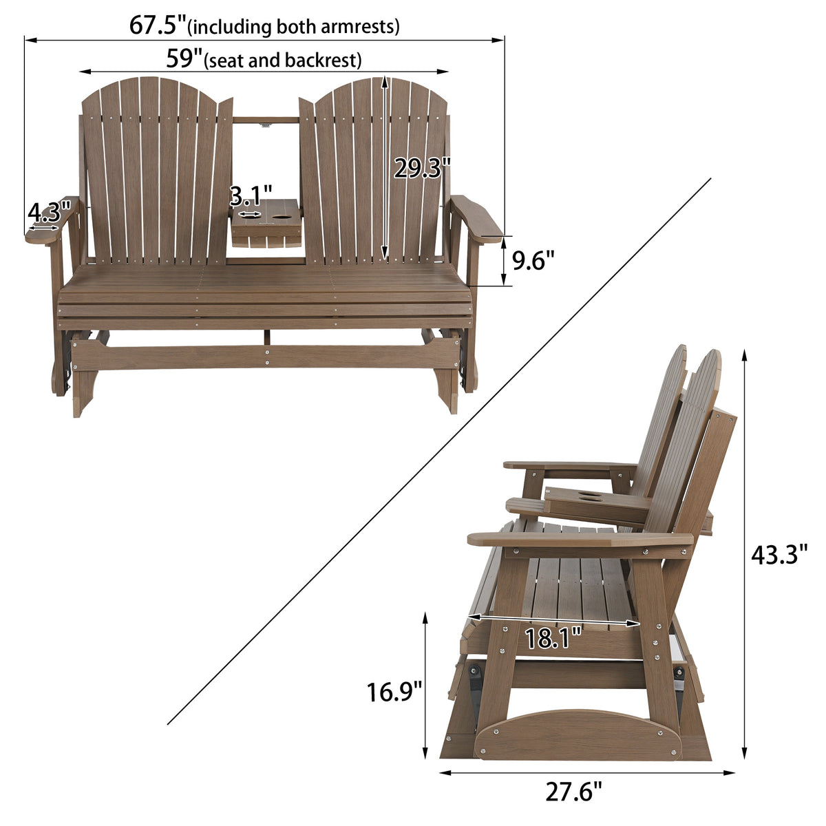 HIPS Patio Glider with Foldable Cup Holders, Durable Poly Lumber Material, All-Weather Resistant, High Backrest and Deep Contoured Seat, Heavy Duty 900 LB, for Outdoor, Porch, Patio (Brown, 3-Seat)