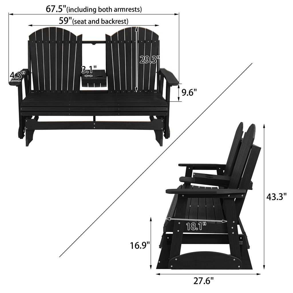HIPS Patio Glider with Foldable Cup Holders, Durable Poly Lumber Material, All-Weather Resistant, High Backrest and Deep Contoured Seat, Heavy Duty 900 LB, for Outdoor, Porch, Patio (Black, 3-Seat)