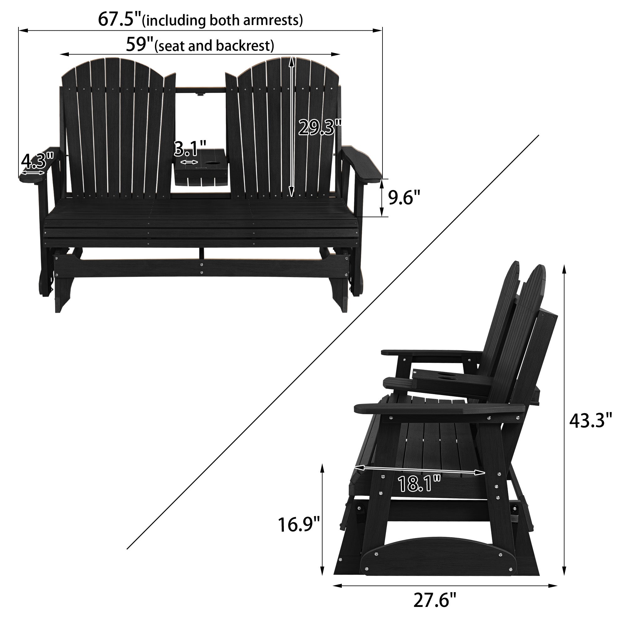 HIPS Patio Glider with Foldable Cup Holders, Durable Poly Lumber Material, All-Weather Resistant, High Backrest and Deep Contoured Seat, Heavy Duty 900 LB, for Outdoor, Porch, Patio (Black, 3-Seat)