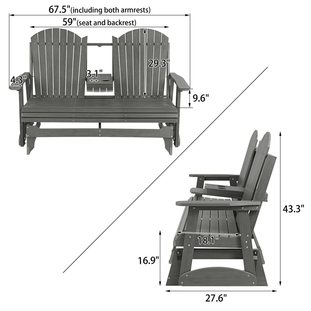 HIPS Patio Glider with Foldable Cup Holders, Durable Poly Lumber Material, All-Weather Resistant, High Backrest and Deep Contoured Seat, Heavy Duty 900 LB, for Outdoor, Porch, Patio (Gray, 3-Seat)