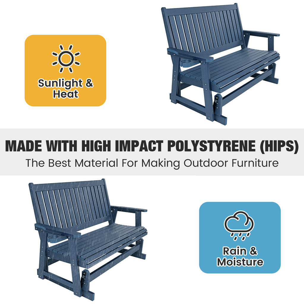 HIPS Patio Glider with Cup Holders, Durable Poly Lumber Material, All-Weather Resistant, High Backrest and Deep Contoured Seat, Heavy Duty 900 LB, for Outdoor, Porch, Patio (Navy Blue, 3-Seat)
