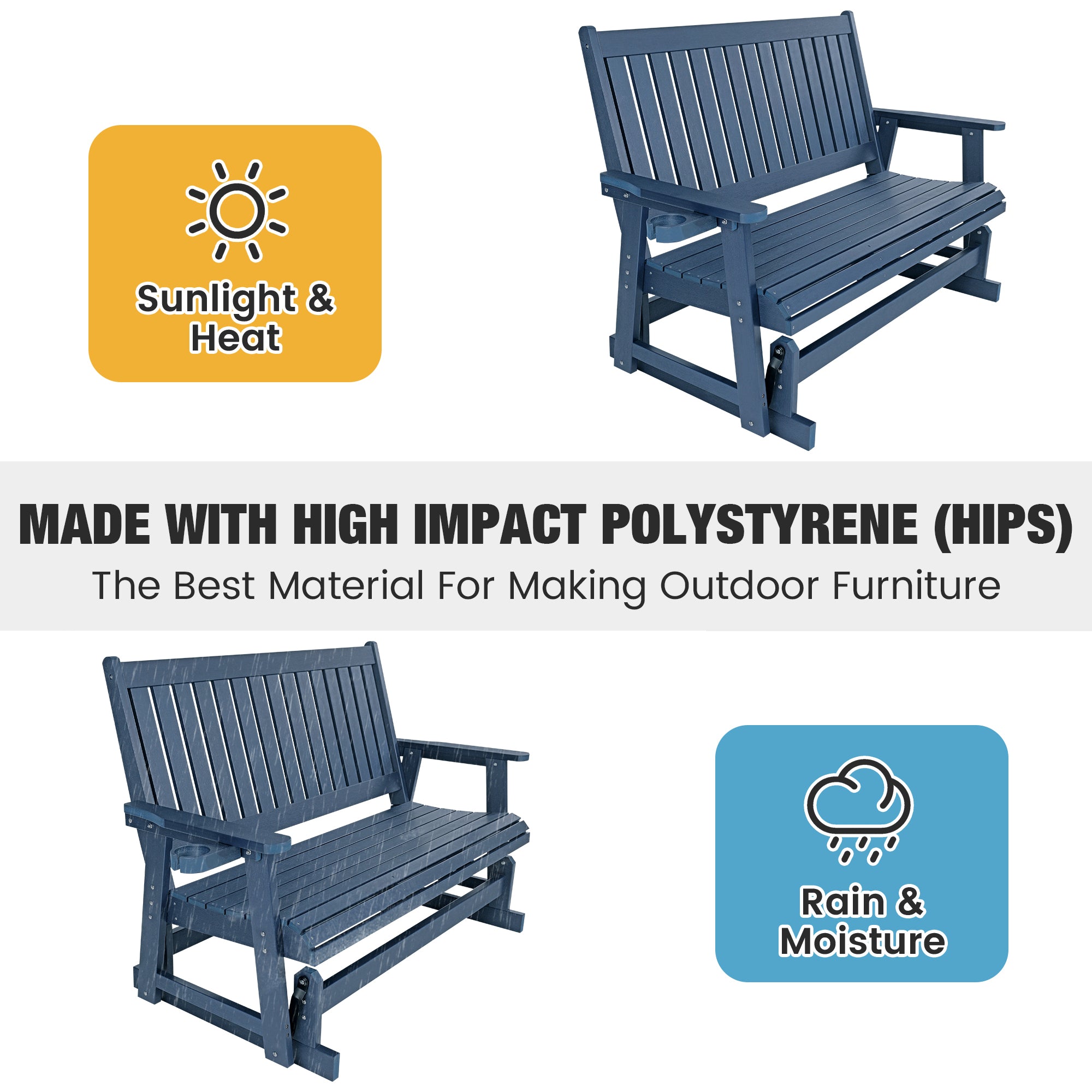 HIPS Patio Glider with Cup Holders, Durable Poly Lumber Material, All-Weather Resistant, High Backrest and Deep Contoured Seat, Heavy Duty 900 LB, for Outdoor, Porch, Patio (Navy Blue, 3-Seat)