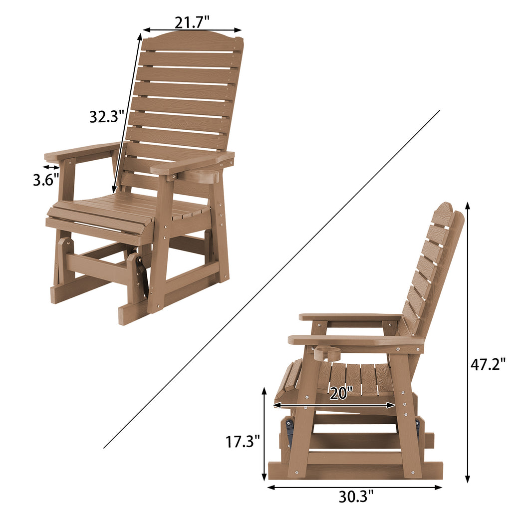 Poly Lumber Patio Glider for One Person, with Cup Holders, High Backrest and Deep Contoured Seat, HIPS Material, All-Weather Resistant, Heavy Duty 700 Pounds (Brown)