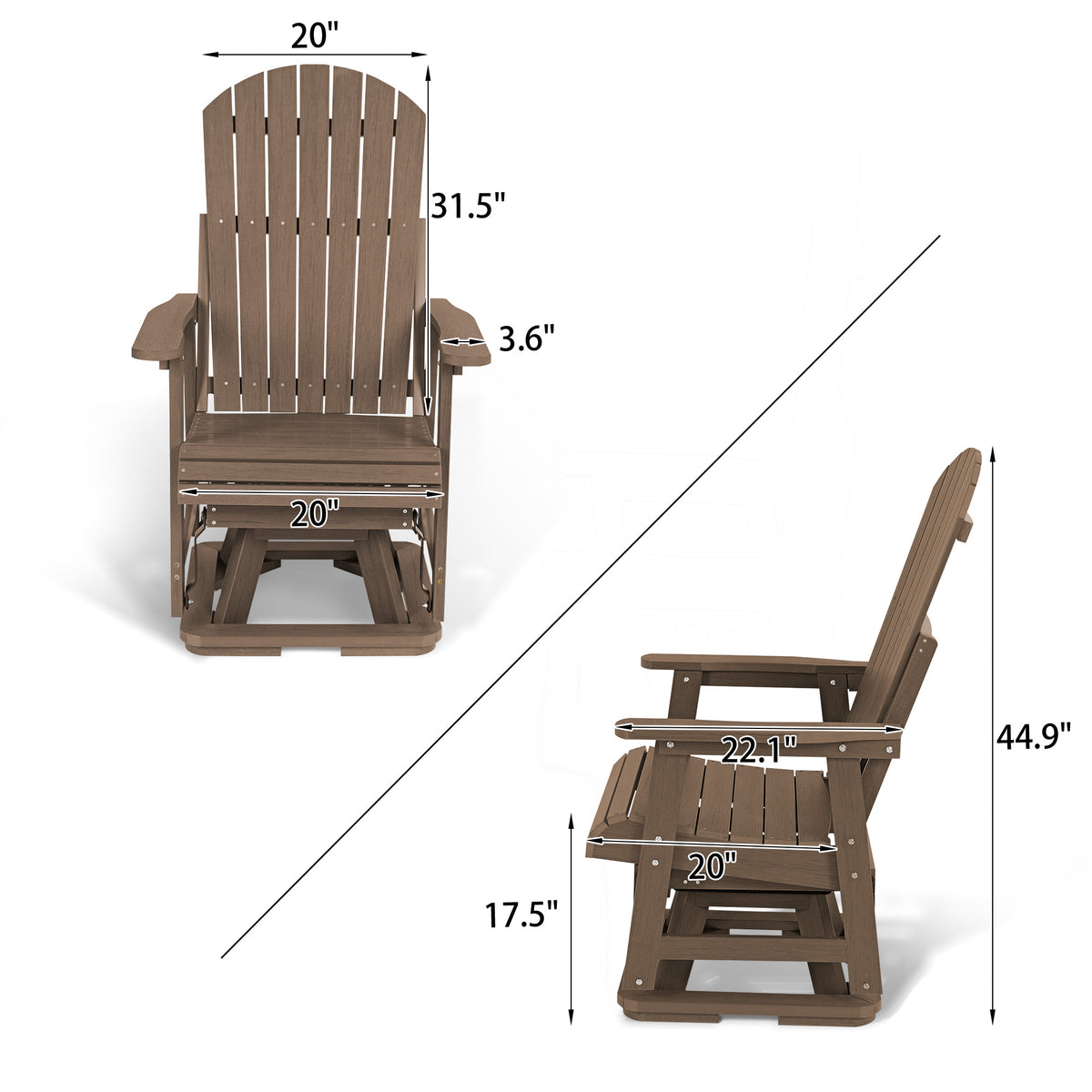 HIPS Swivel Patio Glider, Poly Lumber Weather Resistant Outdoor Chair, for Patio, Porch, Yard (Brown)