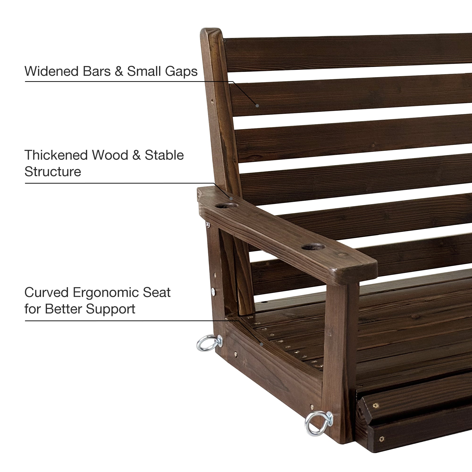 Wooden Porch Swing, Ergonomic Seat, Bench Swing with Hanging Chains and 7mm Springs, Heavy Duty 880 LBS, for Outdoor Patio Garden Yard (Deep Brown, 1-Seater)