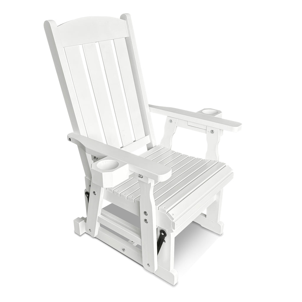 Wooden Patio Glider for One Person, with High Back and Deep Contoured Seat, Solid Fir Wood, Heavy Duty 600 LBS (Slat Back, White)