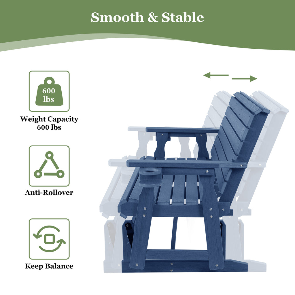 HDPE Patio Glider, Poly Lumber Weather-Resistant Outdoor Glider Bench, for Patio, Porch, Yard,  (Navy Blue, 2-Seater)