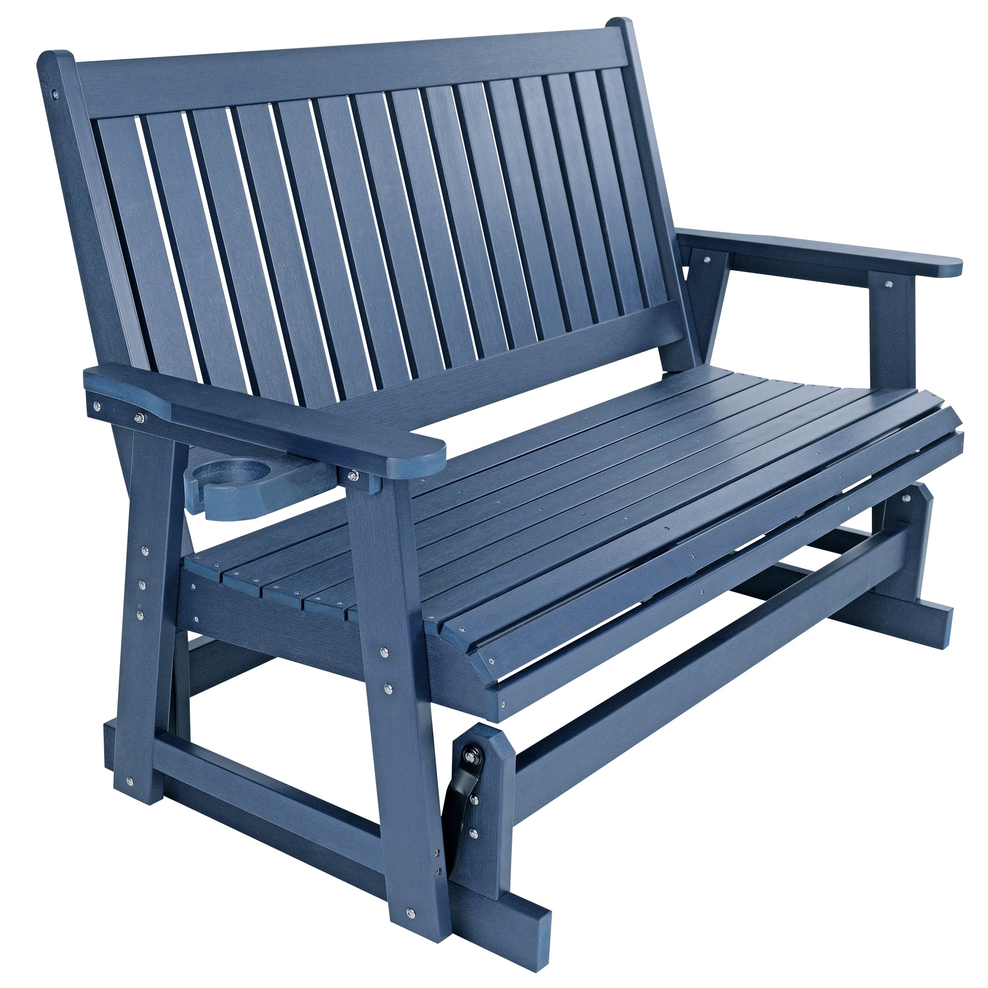 HIPS Patio Glider with Cup Holders, Durable Poly Lumber Material, All-Weather Resistant, High Backrest and Deep Contoured Seat, Heavy Duty 900 LB, for Outdoor, Porch, Patio (Navy Blue, 3-Seat)