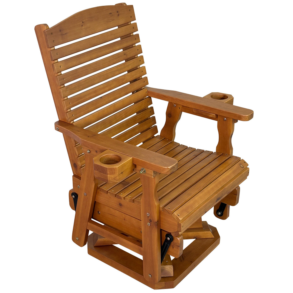Wooden Swivel Glider Chair, 360° Outdoor Patio Rocker with Ergonomic Design, Smooth Gliding Motion, Solid Fir Wood, Weather-Resistant PU Finish, Heavy Duty 500 LBS (Teak Tone)