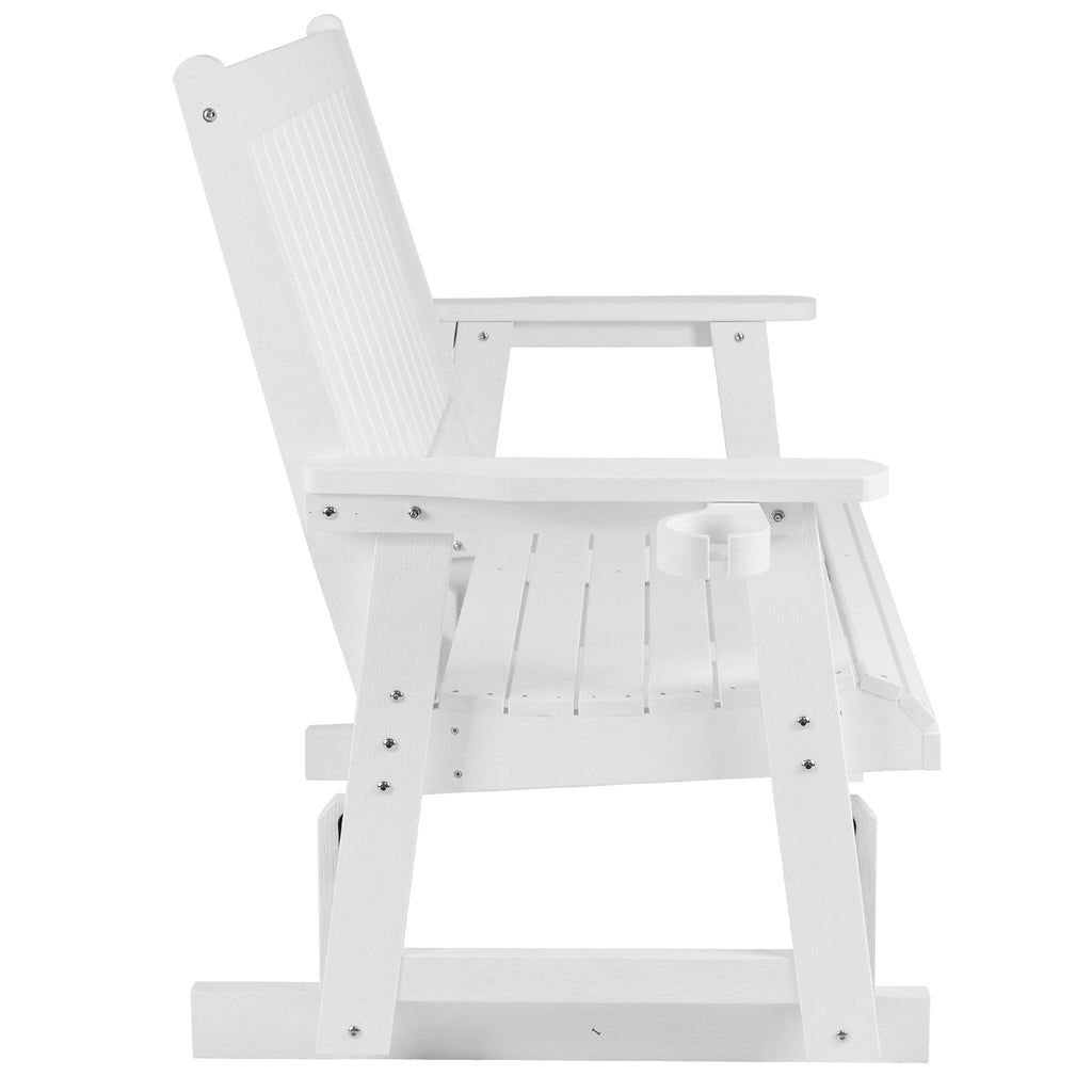 HIPS Patio Glider with Cup Holders, Durable Poly Lumber Material, All-Weather Resistant, High Backrest and Deep Contoured Seat, Heavy Duty 900 LB, for Outdoor, Porch, Patio (White, 2-Seat)