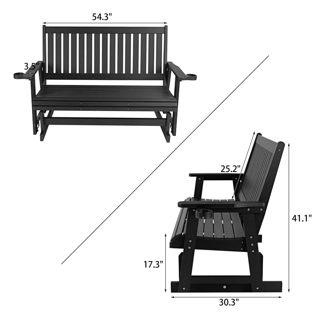 HIPS Patio Glider with Cup Holders, All-Weather Resistant, High Backrest and Deep Contoured Seat, Heavy Duty 900 LB (3 Seat - Carbon Black)
