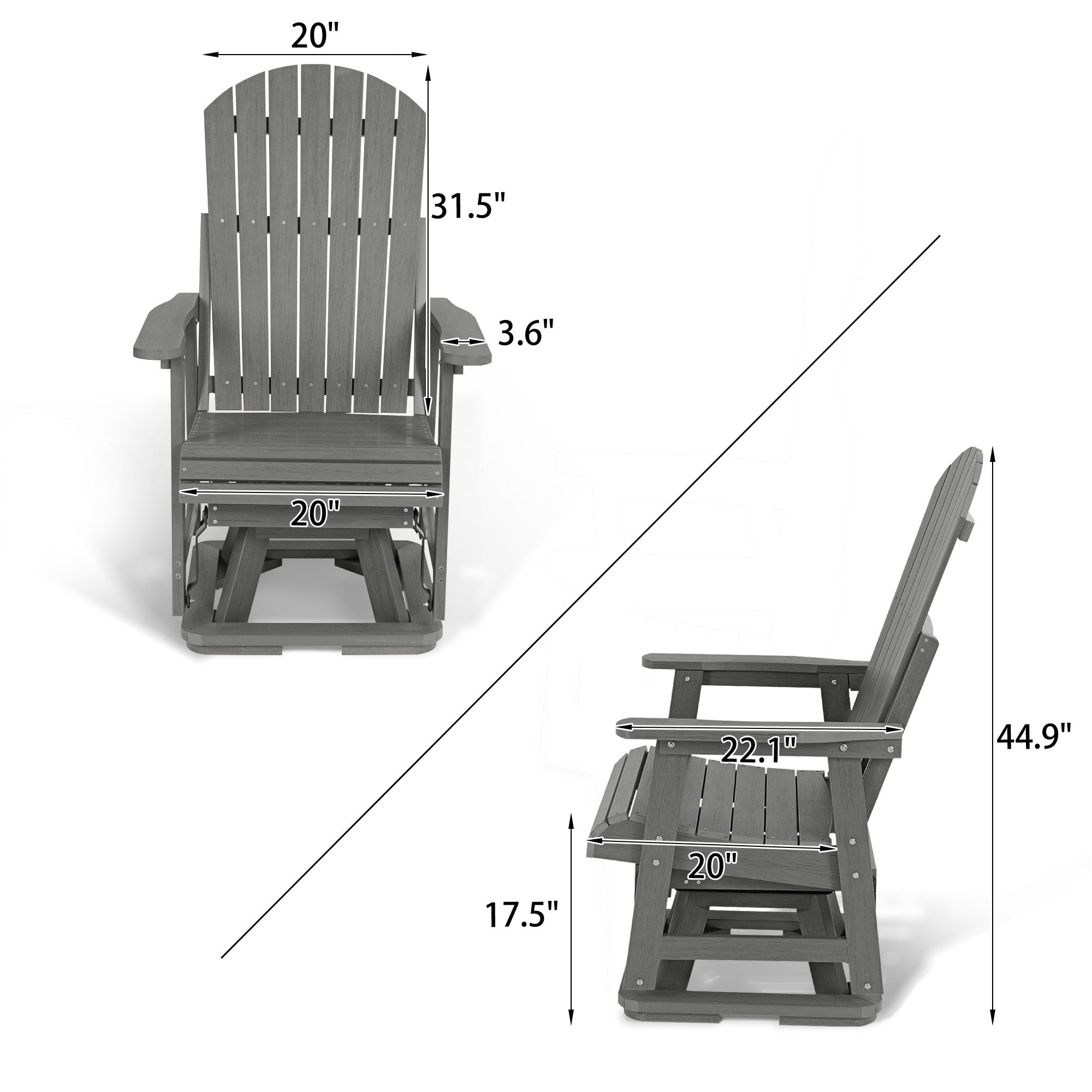 HIPS Swivel Patio Glider, Poly Lumber Weather Resistant Outdoor Chair, for Patio, Porch, Yard (Gray)