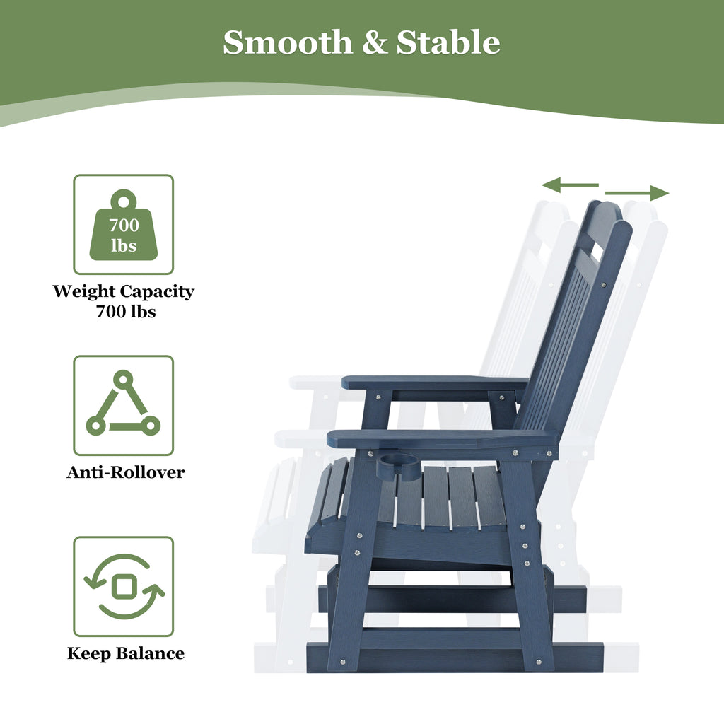 Poly Lumber Patio Glider for One Person, with Cup Holders, High Backrest and Deep Contoured Seat, HIPS Material, All-Weather Resistant, Heavy Duty 700 LBS (Navy Blue)