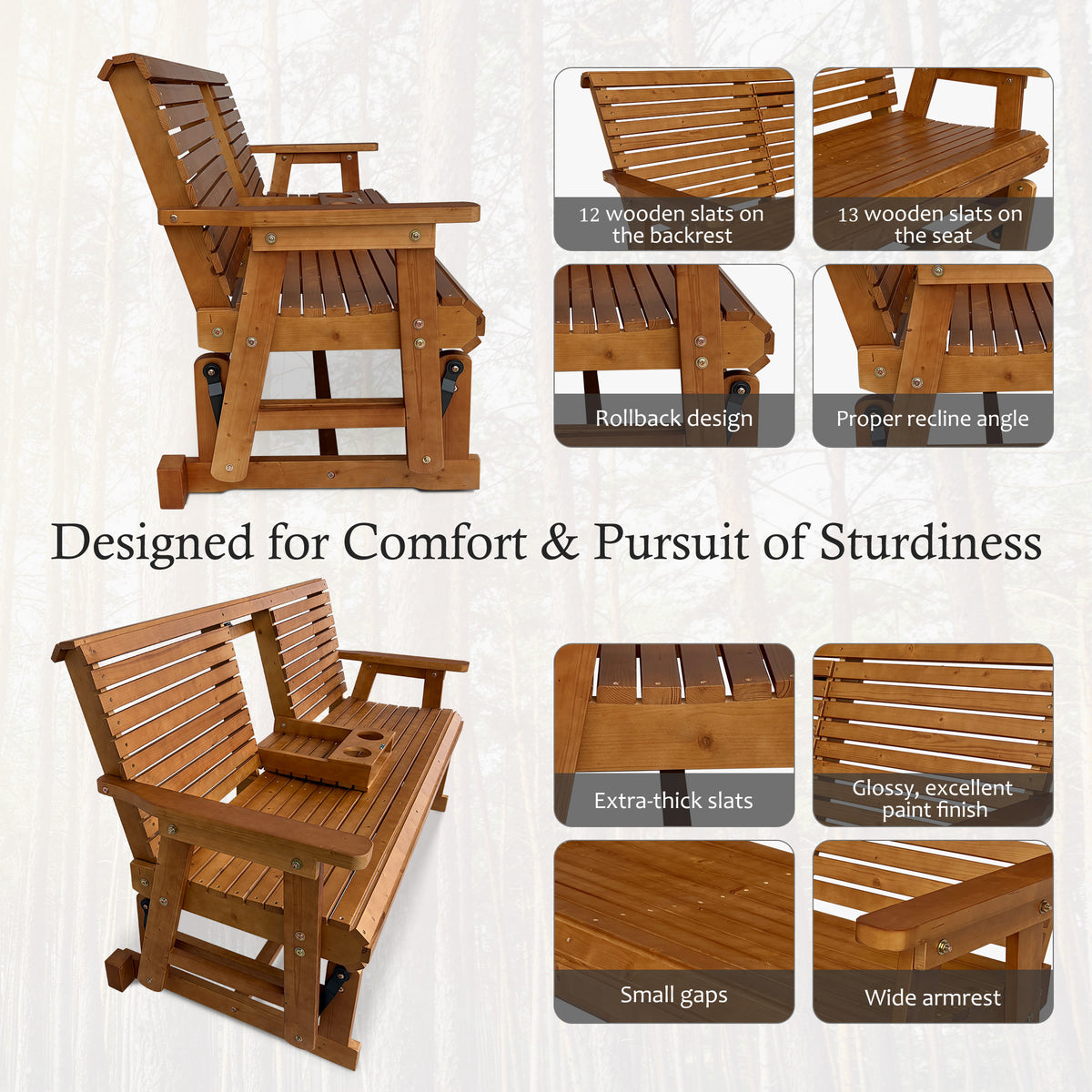 Patio Glider with Foldable Cup Holders, High Roll Back and Deep Contoured Seat, Heavy Duty 880 Lb (Brown, 2-Seater)